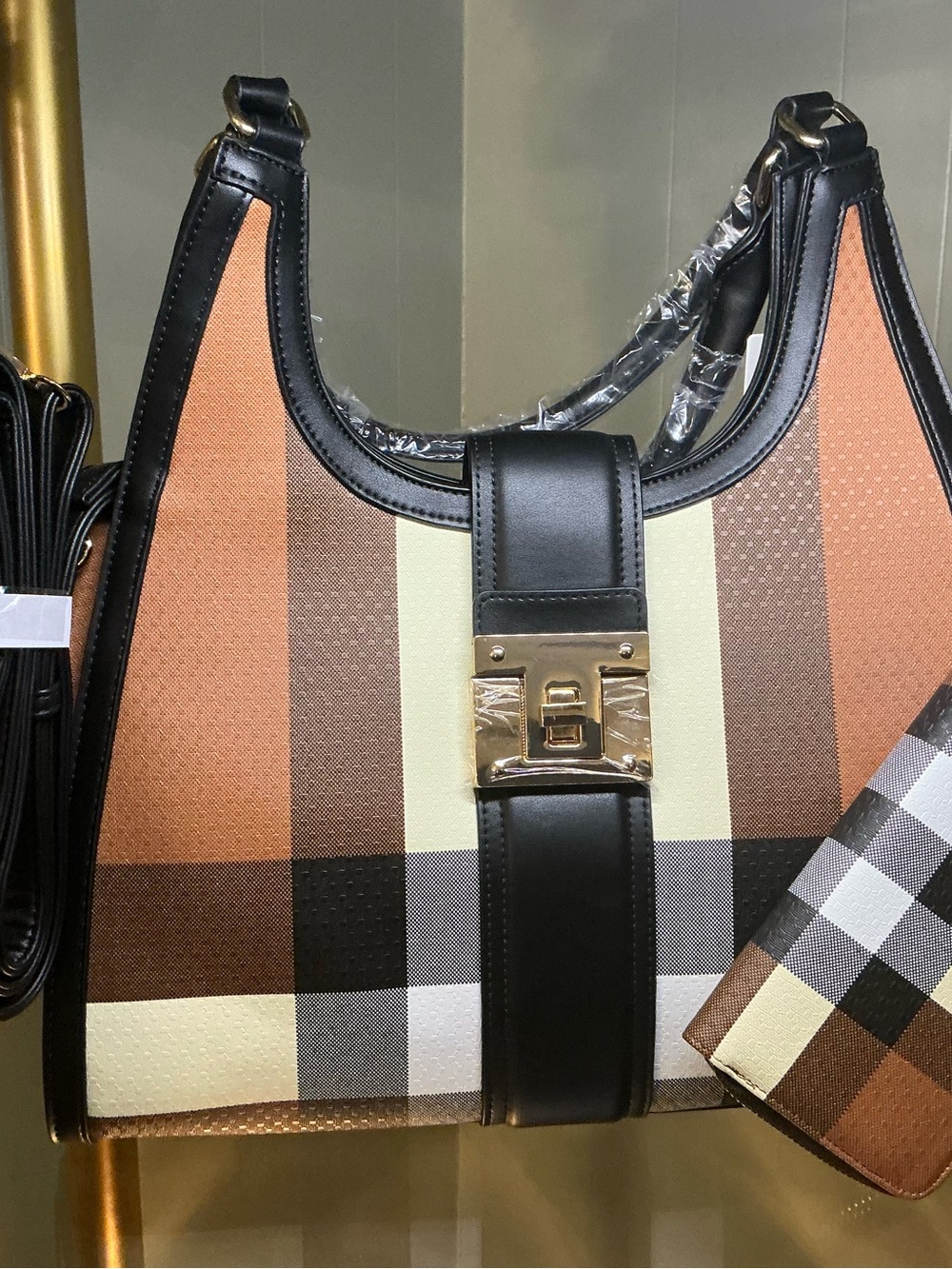 Brown Striped Shoulder Bag with Gold Push-Lock